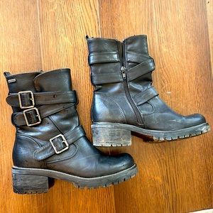 Black Faux Leather Moto Boots w/ Buckles & Side Zipper